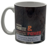 White mug with painting of ship on rough seas and logo for "Seeking profit and power"