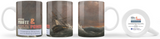 White mug with painting of ship on rough seas and logo for "Seeking profit and power"