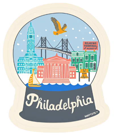 An illustrated sticker of Philadelphia landmarks inside of a snow globe. The bottom is grey and says in white text, "Philadelphia." 