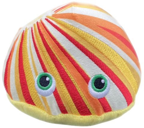 Sunshine plush with red, orange, yellow and white stripe pattern with green eyes