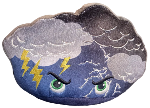 Plush toy shaped like a storm cloud with angry face design 