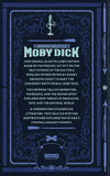 A book cover for 'Moby Dick' by Herman Melville, featuring a dark navy blue background with ornate light blue decorative borders and white text detailing the book's synopsis.