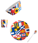 Children's table top set with nautical flags. Bowl, spoon, cup and plate