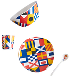 Children's table top set with nautical flags. Bowl, spoon, cup and plate