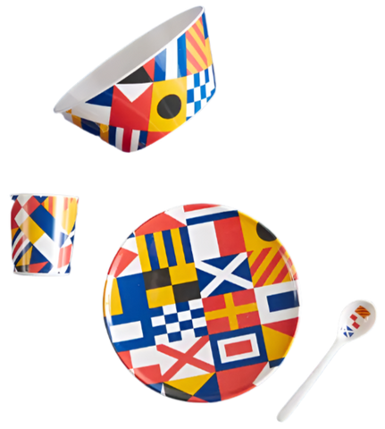 Children's table top set with nautical flags. Bowl, spoon, cup and plate