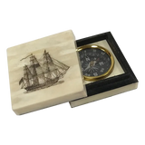 American Frigate Engraved Scrimshaw Ox Bone Compass Box