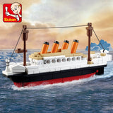 Toy Titanic bricks ship model on water with Sluban logo in the corner