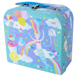 Colorful tin for a children's toy tea set with mermaid and rainbow design 