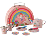 Children's tea set with colorful case featuring a fairy and rainbow design.
