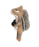 A handcrafted felted wool chipmunk finger puppet, shown from the side against a plain white background. The chipmunk features brown and white fur on its body, a gray tail, and holds a small black felted acorn