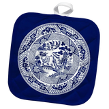 Blue pot holder with blue and white decorative willow pattern on 