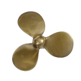 A three-blade boat propeller made of polished brass, shown from a top-down perspective 