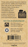 Back of socks labels for 'youth' and 'preschool' with National Parks Conservation Association and Fairtrade Certified logos.